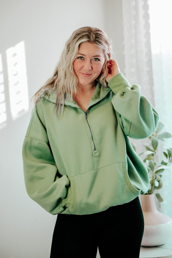 WOMENS oversized elastic hem hoodie half zip green 