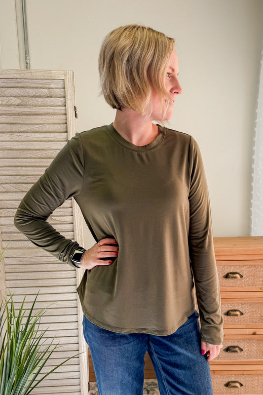 womens crew neck long sleeve olive green tee