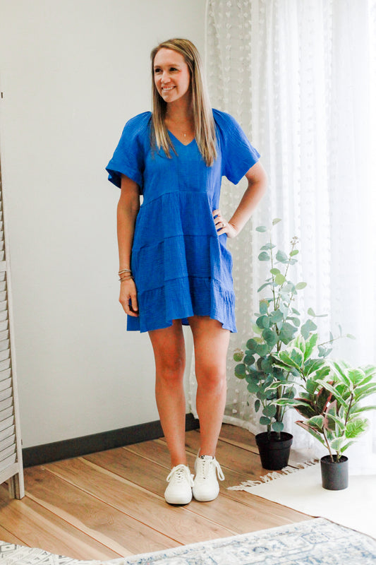 womens blue tiered short sleeve mini dress
