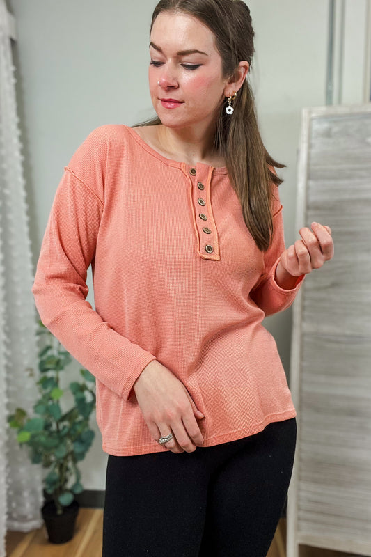 womens waffle thermal button long sleeve henley coral pink