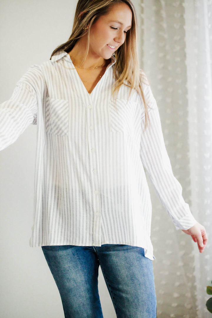 womens stripe button shirt oversized grey spring summer