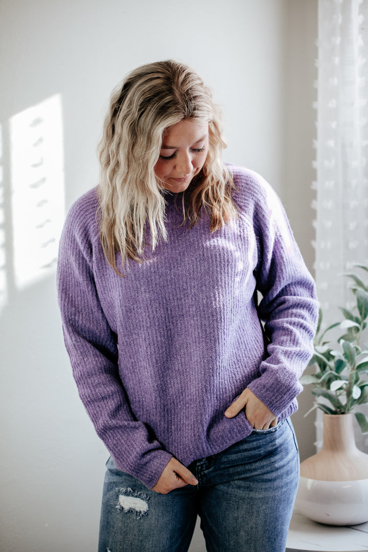womens knit raglan sweater purple crew neck hyfve