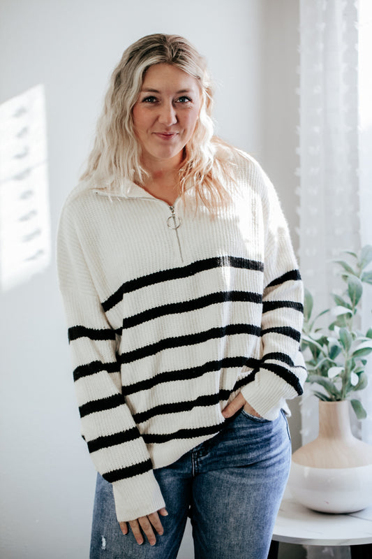 womens quarter zip stripe knit sweater nautical coastal