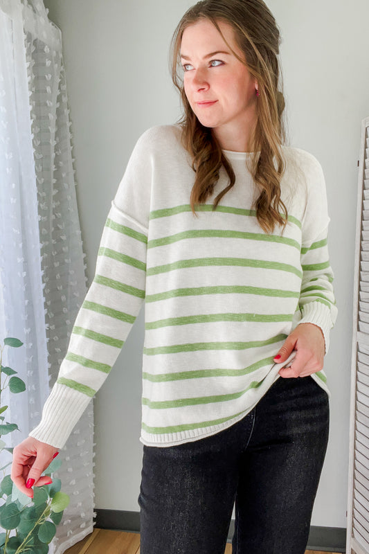womens drop shoulder white and green stripe sweater spring