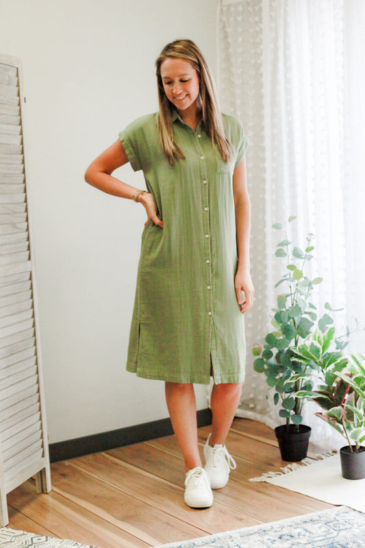 womens cotton button front midi dress olive green