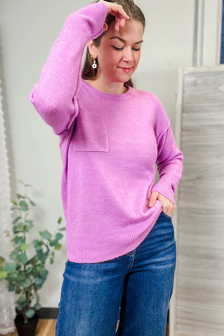 womens knit drop shoulder long sleeve sweater pocket purple pink crew neck