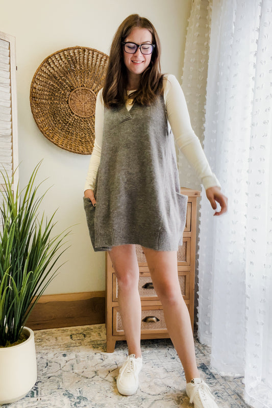 womens grey v-neck sweater dress with pockets fall academia