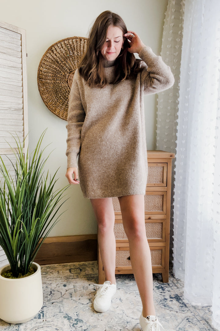 womens taupe knit mock neck sweater dress fall