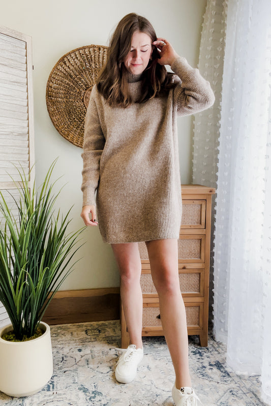 womens taupe knit mock neck sweater dress fall