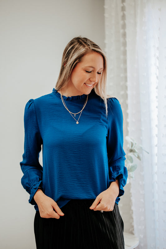 womens royal blue high neck long sleeve blouse party