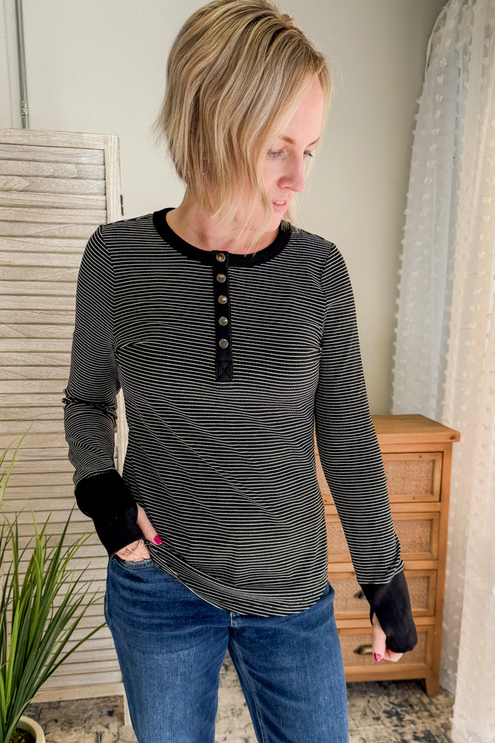 Womens stripe button long sleeve henley black