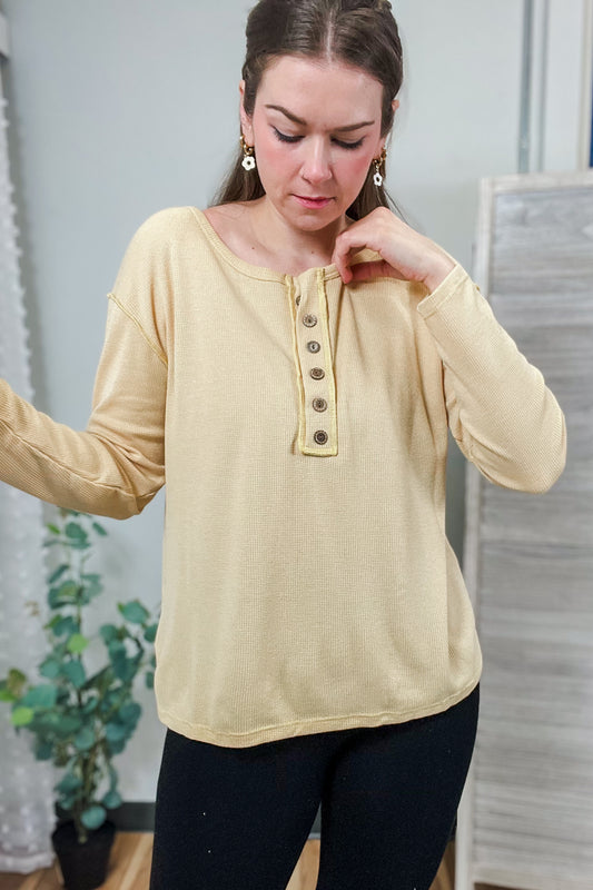 womens waffle thermal button long sleeve henley butter yellow