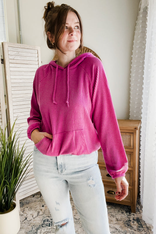 womens pink rib knit hoodie sweatshirt 