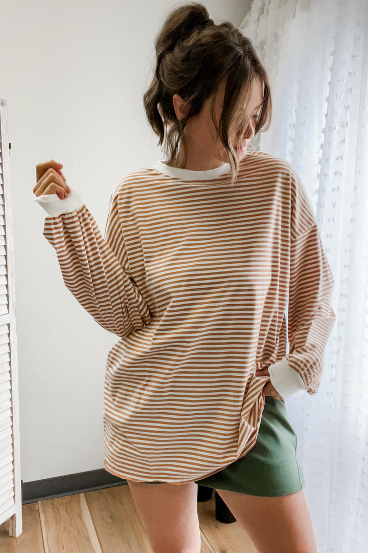 womens stripe tan white balloon long sleeve oversize crewneck