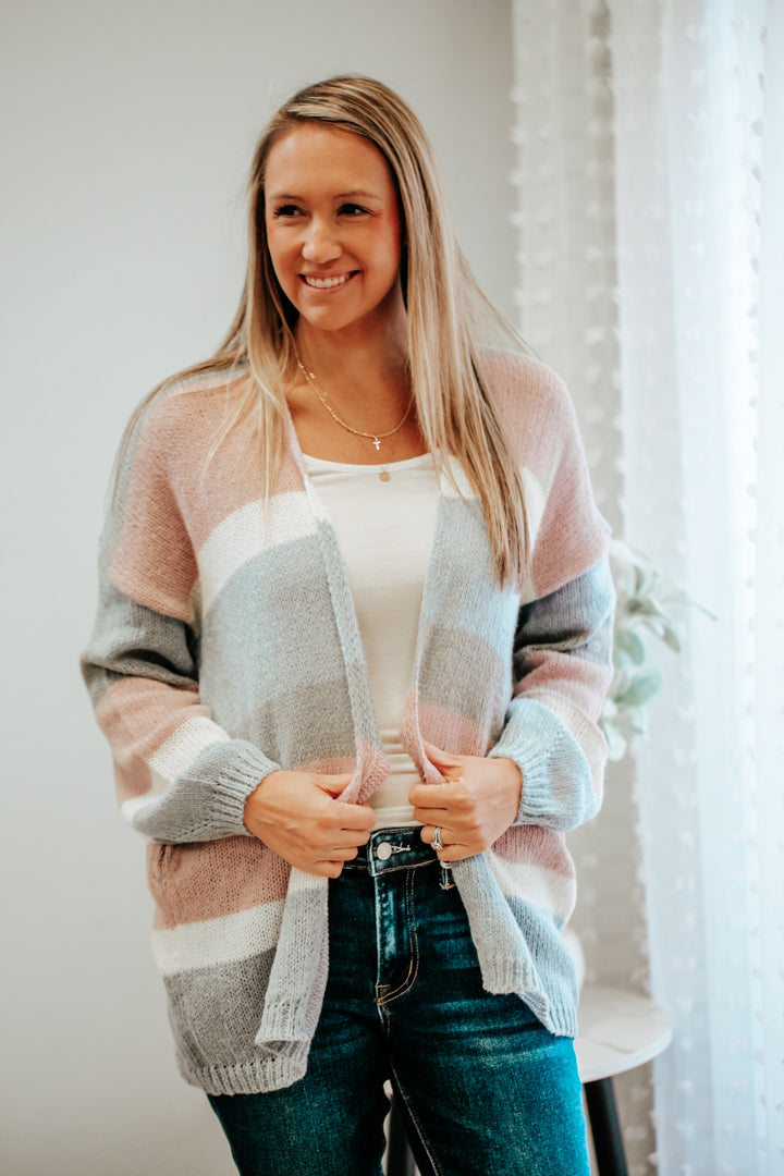 womens knit stripe pastel drop shoulder open cardigan sweater