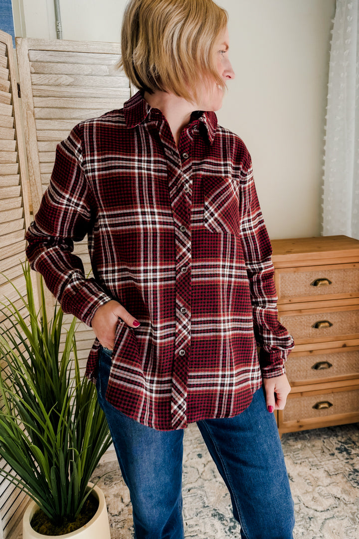 womens brown burgundy plaid button shirt fall