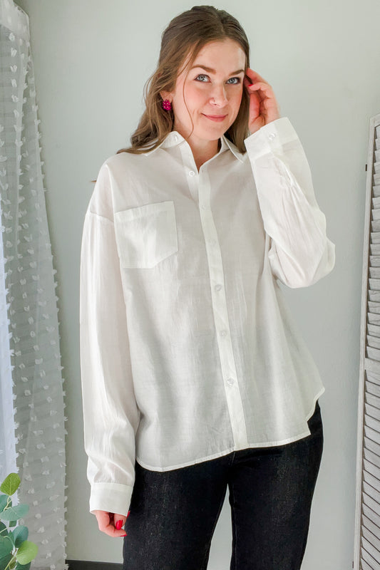 womens drop shoulder oversize button shirt white
