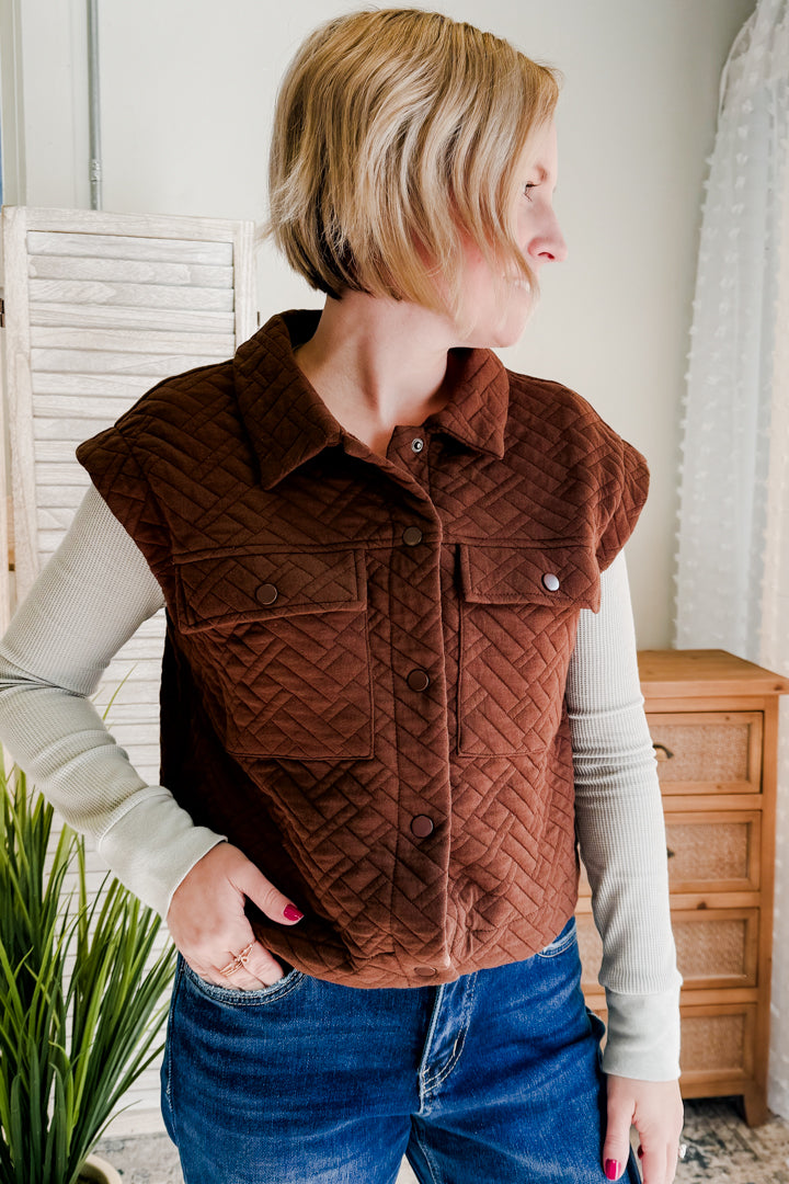 womens brown quilted snap vest fall