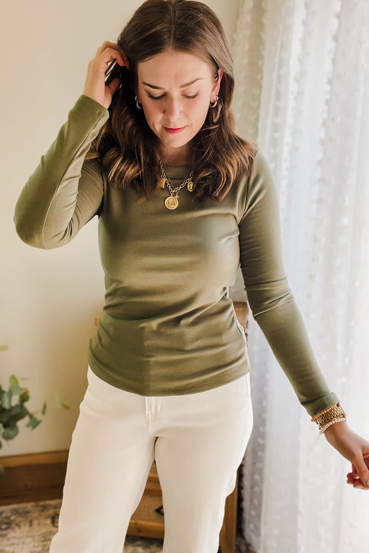 womens olive long sleeve crew basic top