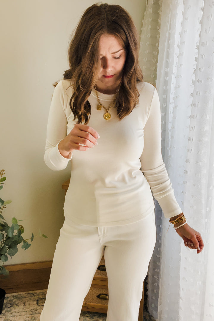 womens ivory long sleeve crew basic top