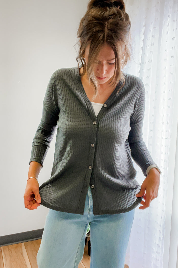 womens charcoal grey waffle button front shirt v-neck cardigan