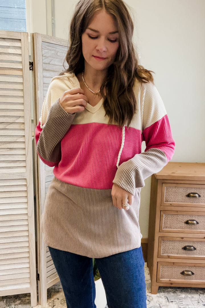 womens color block pink taupe rib knit hoodie