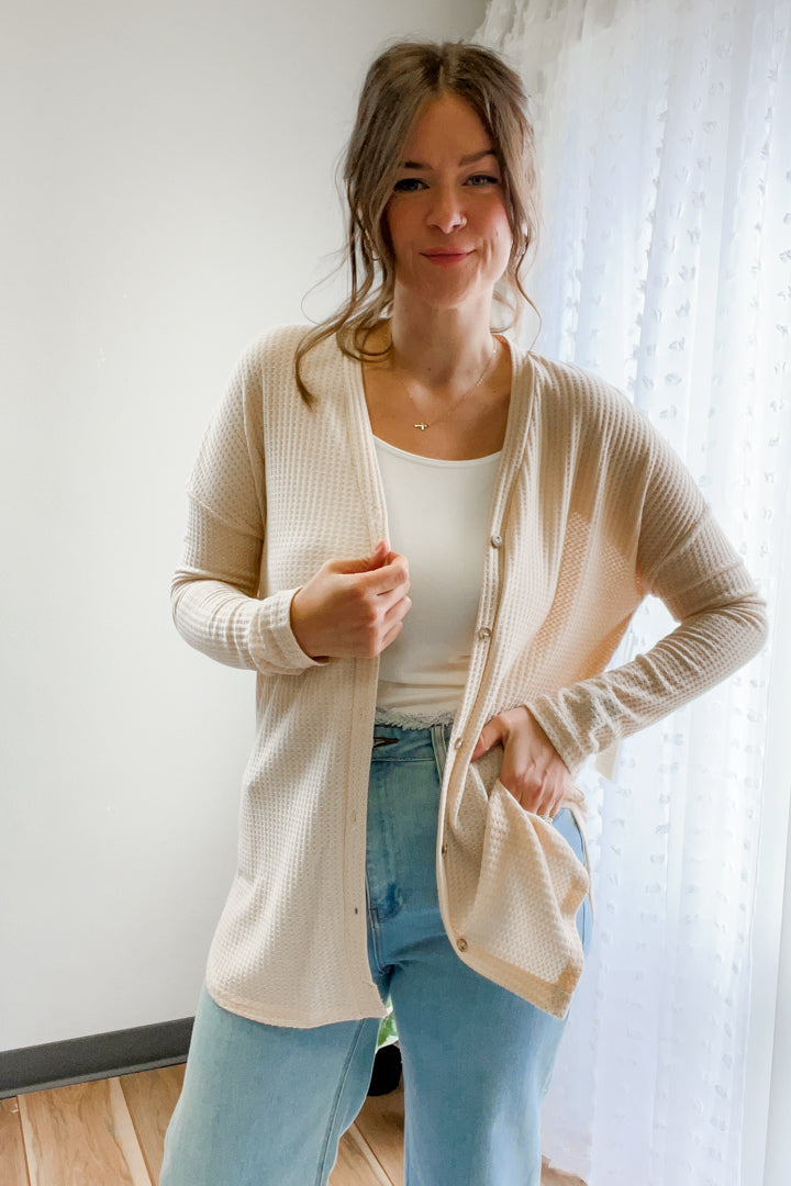 womens beige oatmeal waffle button front shirt v-neck cardigan