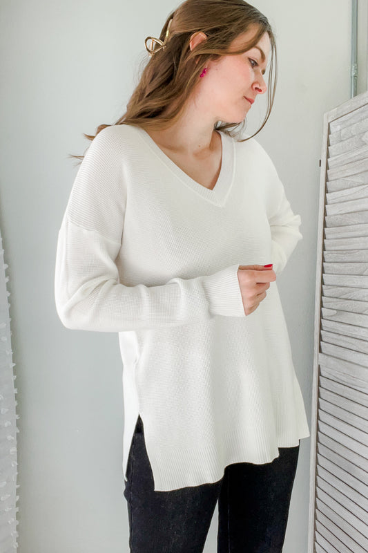 womens waffle knit v-neck white drop shoulder tunic sweater side slit