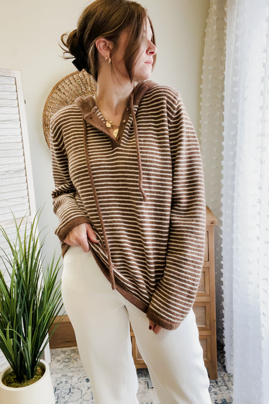 womens knit brown stripe button hooded sweatshirt fall