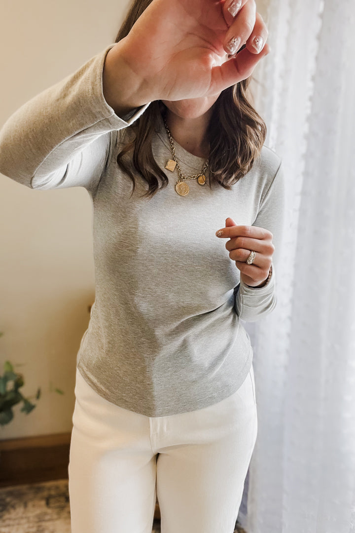 womens grey long sleeve crew basic top