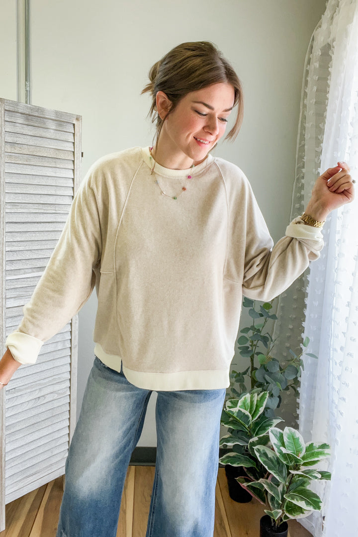 womens terry raglan sweatshirt beige