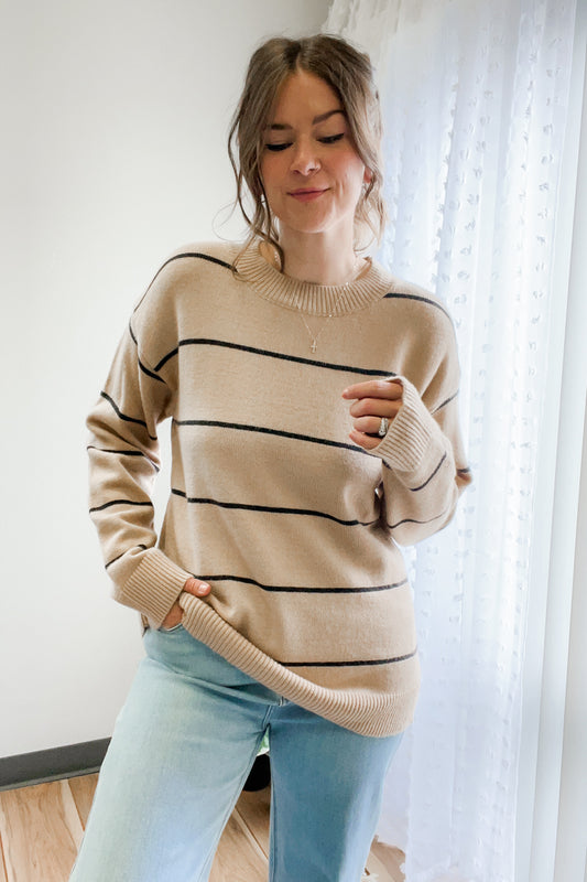 womens stripe knit long sleeve sweater beige oatmeal fall