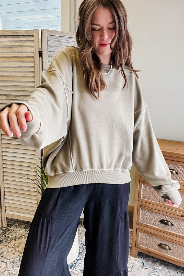 womens oversized mineral wash sweatshirt olive