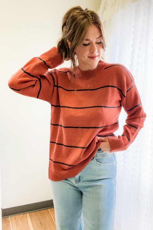 womens stripe knit long sleeve sweater rust orange fall