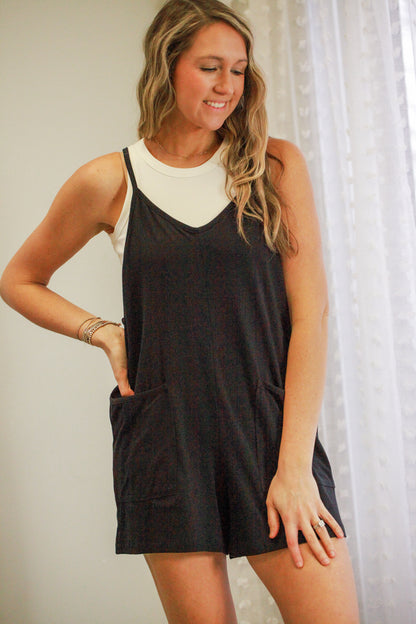 womens sleeveless pocket romper black