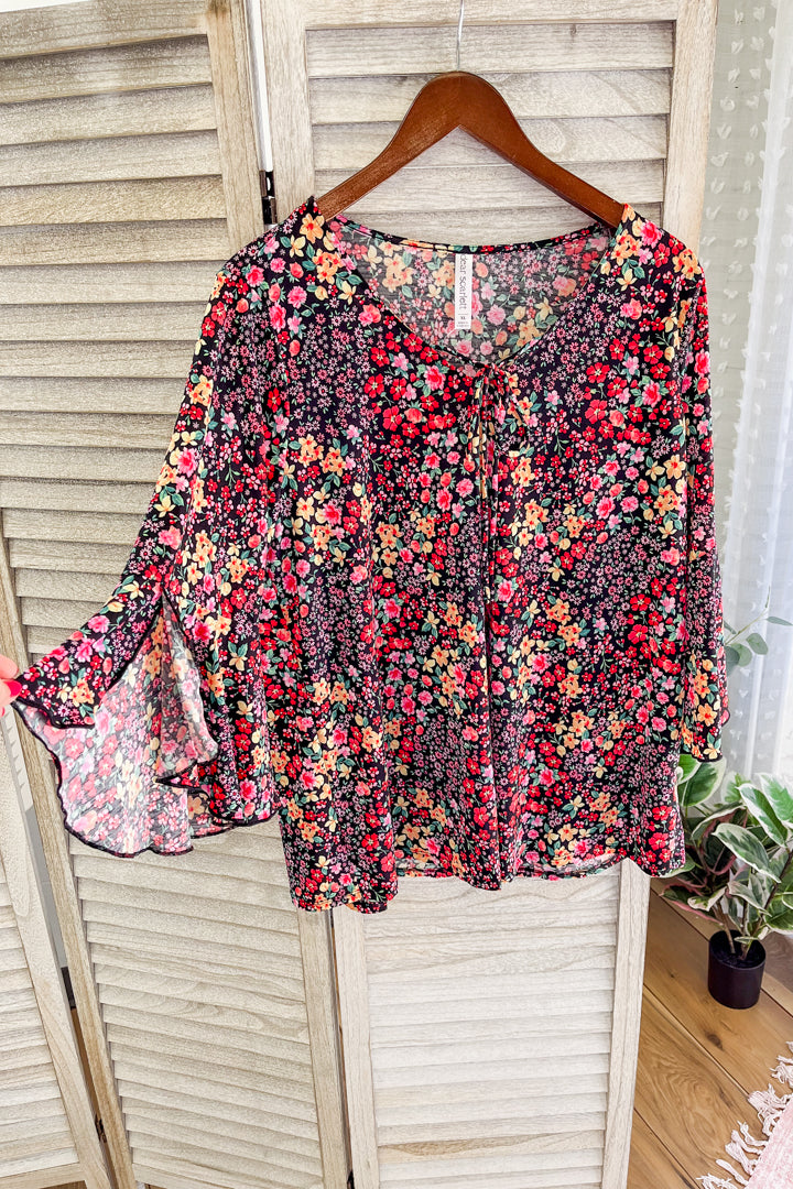 womens plus size tie neckline floral 3/4 sleeve blouse