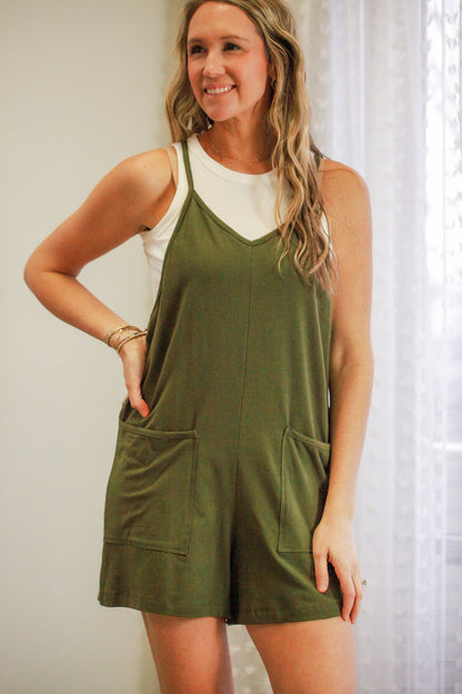 womens sleeveless pocket romper olive