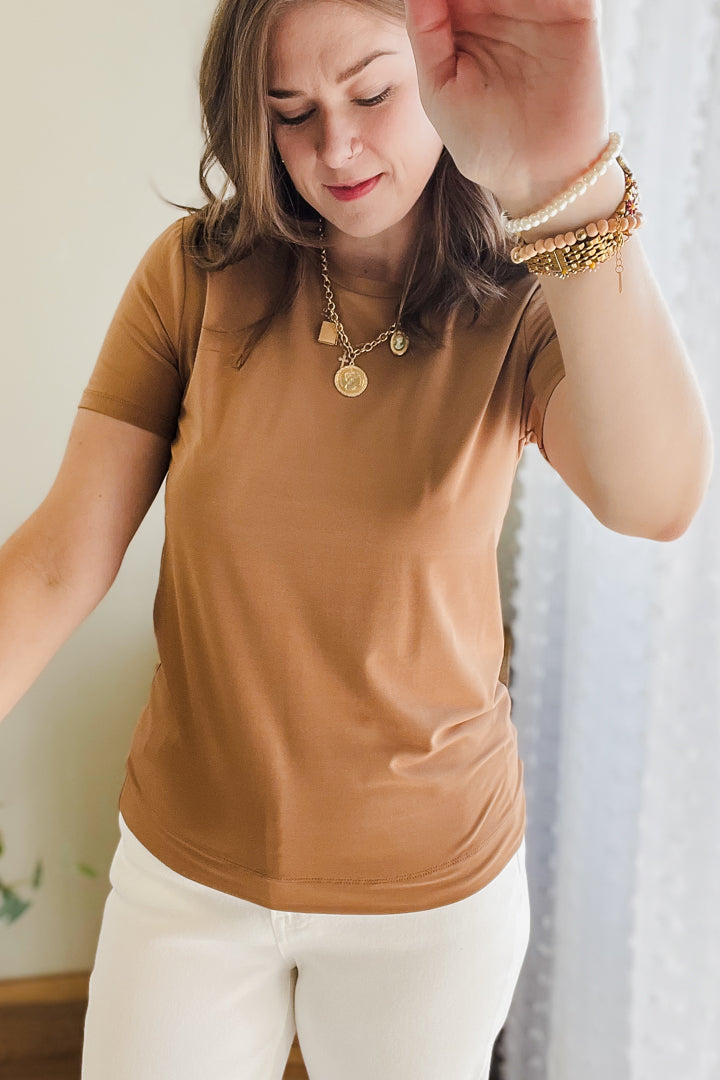 womens camel brown short sleeve tee