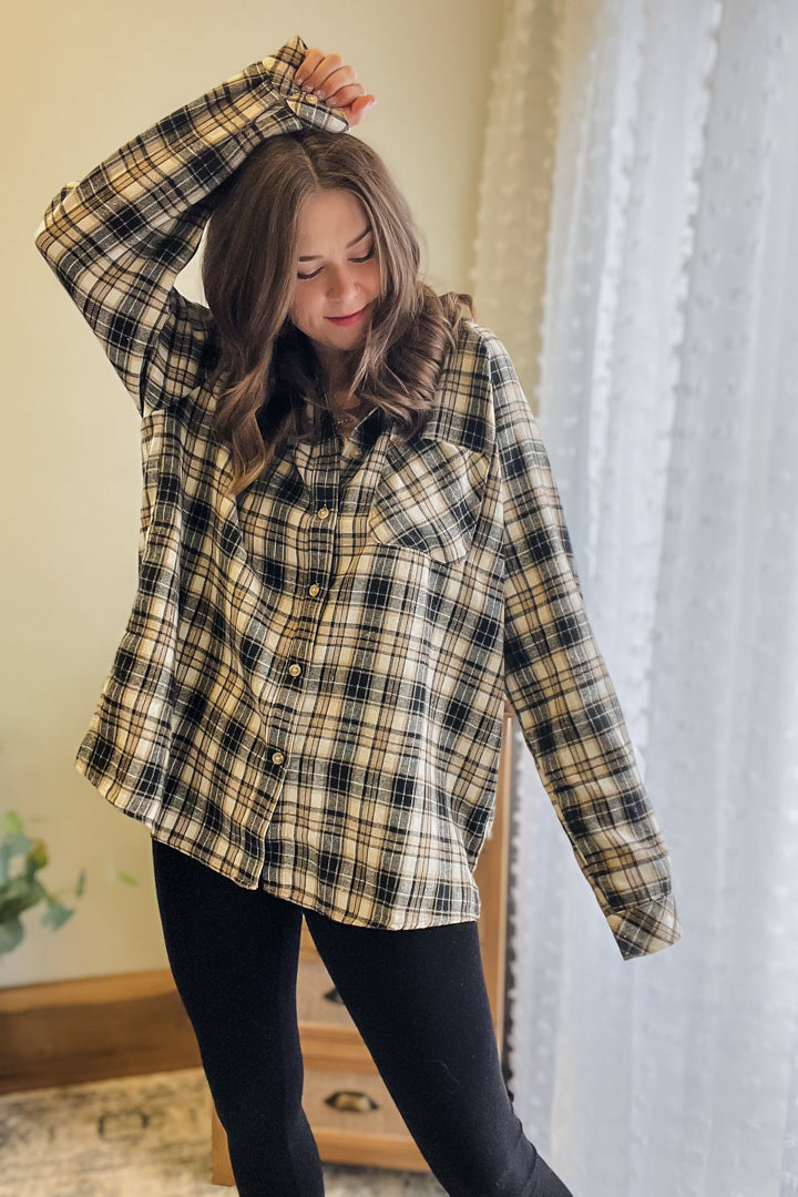 womens oversize plaid brown ivory black shirt fall