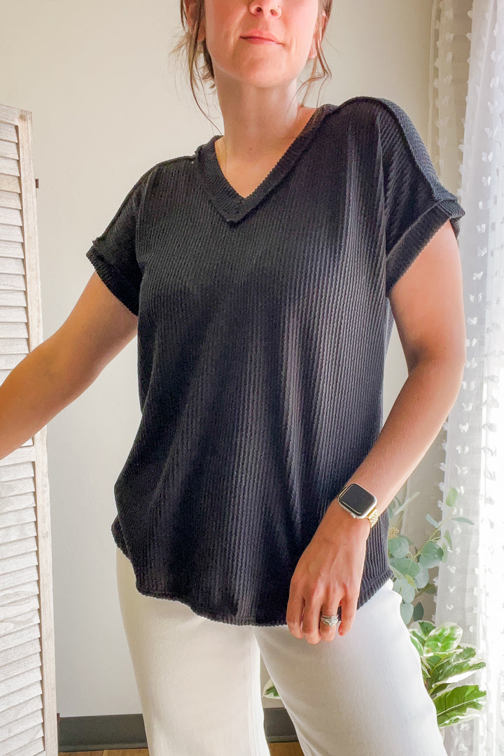 womens black ribbed short sleeve v-neck tee