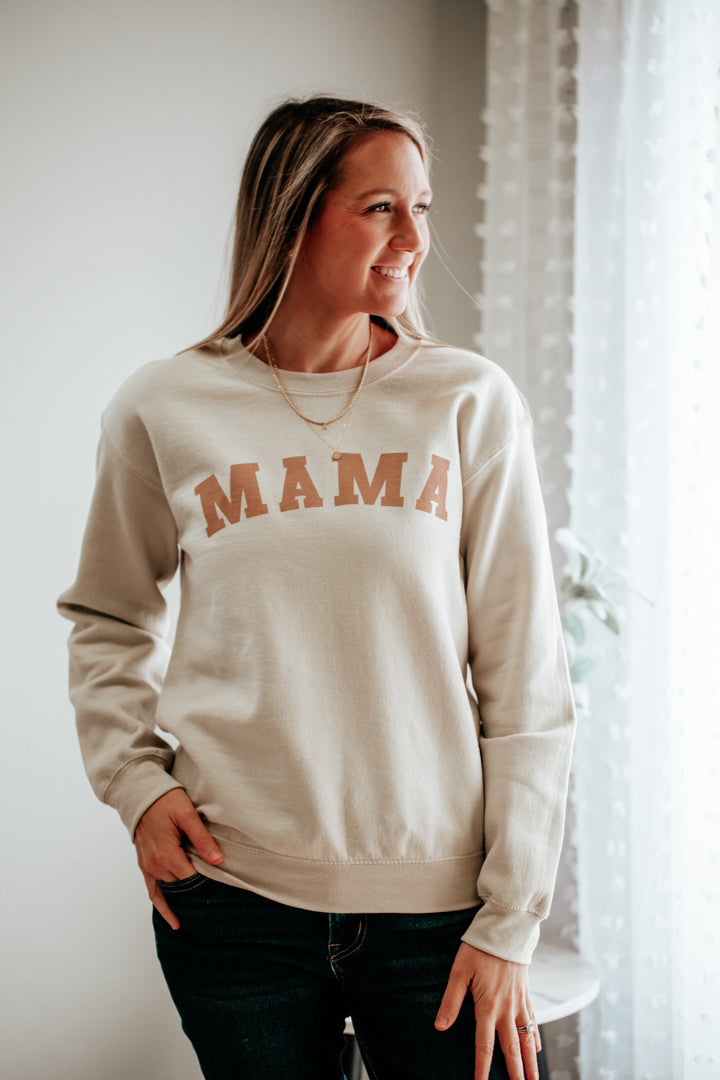 womens oatmeal mama graphic crew neck sweatshirt