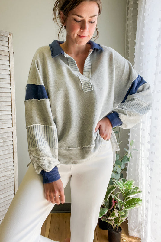 womens mix stripe collar oversize sweatshirt navy blue grey