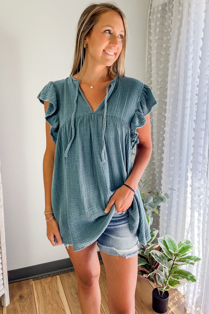 womens grey blue ruffle shoulder cotton gauze sleeveless tunic top