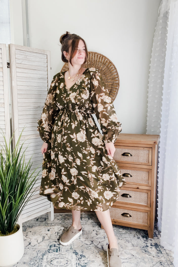 womens olive floral midi long sleeve dress fall