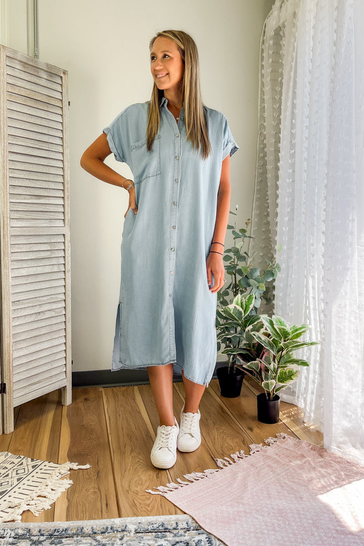 womens chambray denim button front midi dress short sleeve