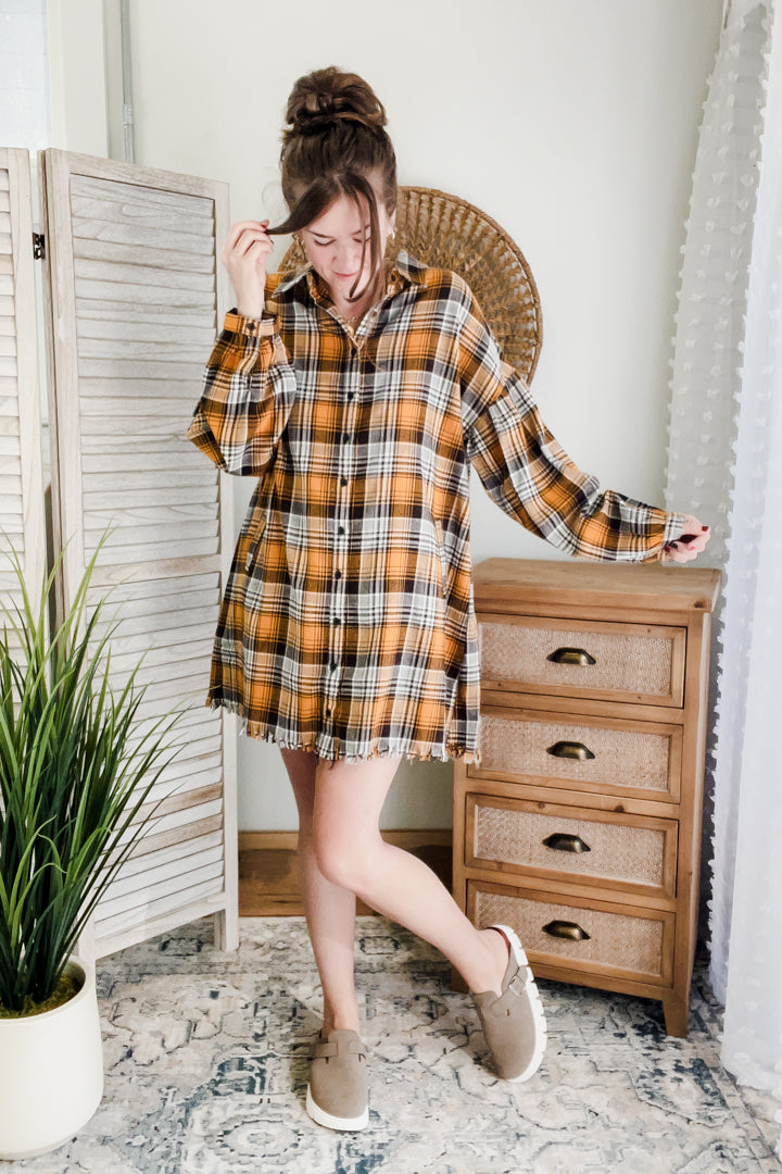 womens yellow plaid shirt dress balloon sleeve cotton fall