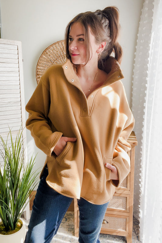 womens fleeve high neck pullover fleece camel