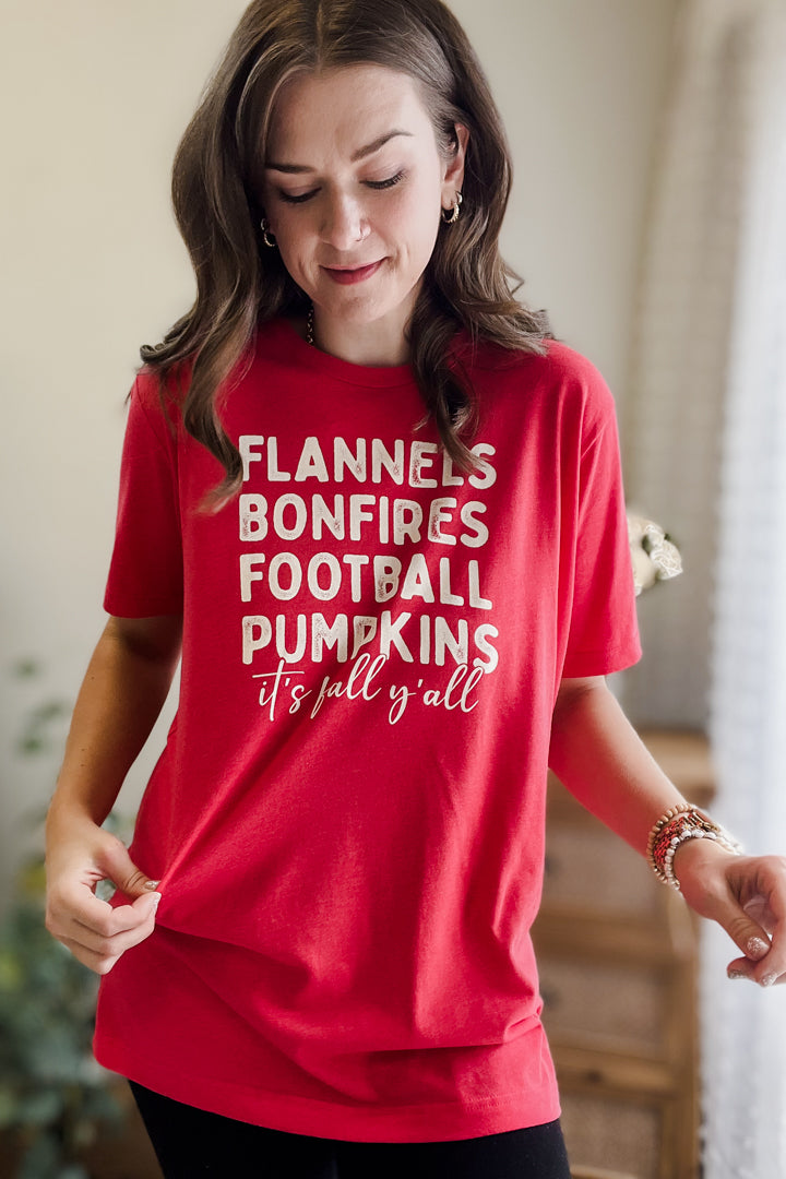 womens red graphic tee fall y'all football