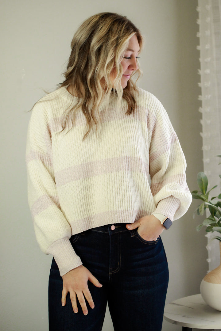 womens knit ivory blush stripe drop shoulder crop sweater