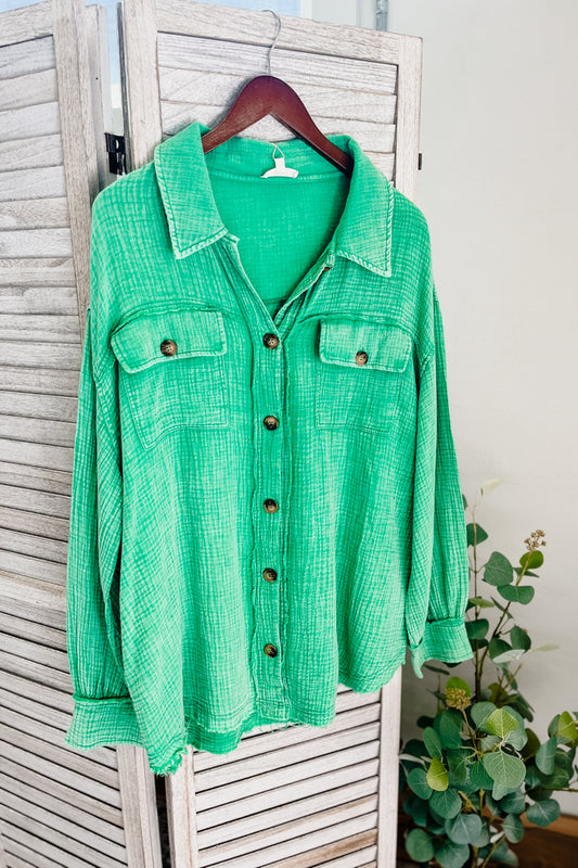 plus size womens green gauze cotton collar shirt long balloon sleeve